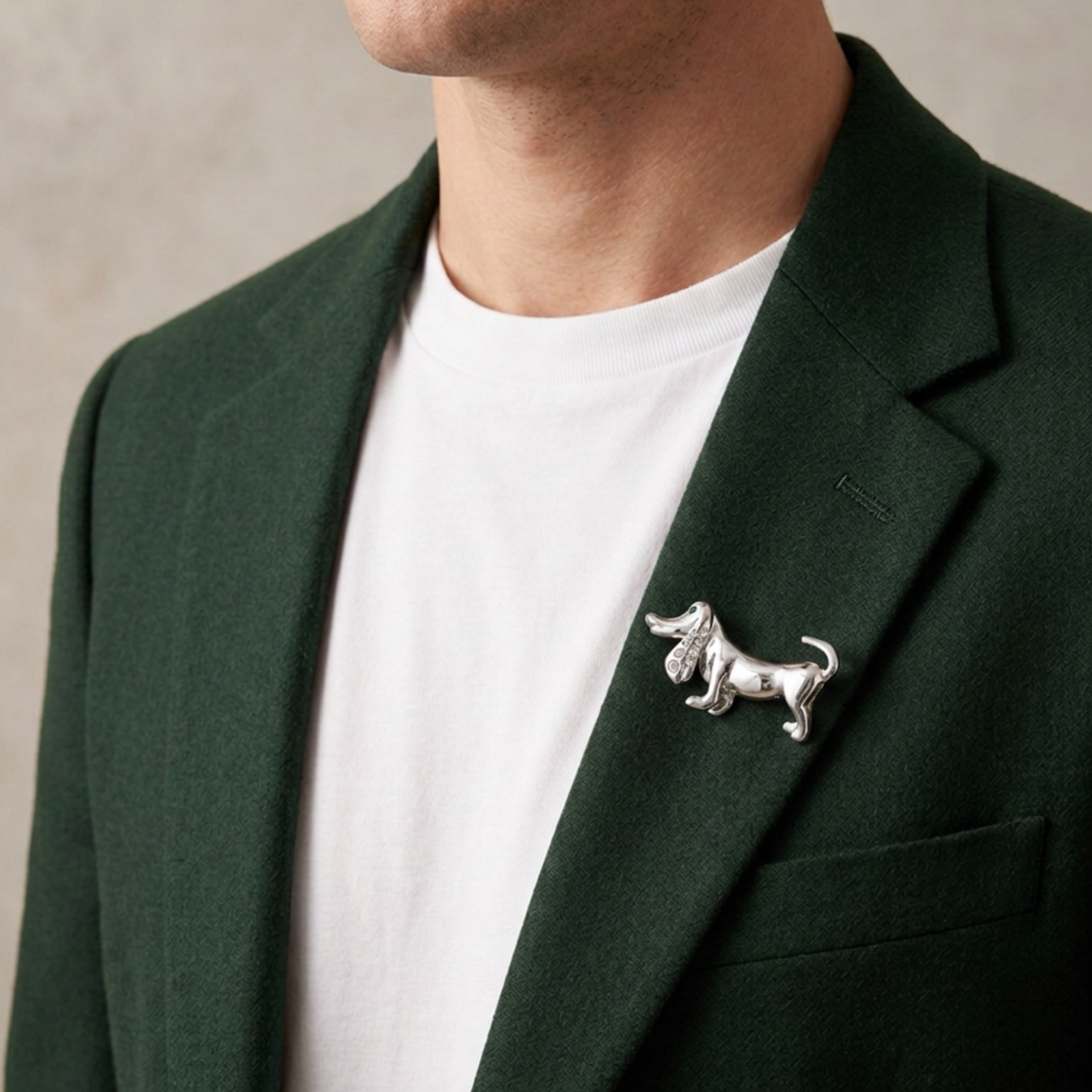 Model wearing Silver Dachshund with Clear Crystal Ear Brooch Pin - Lilylin Designs
