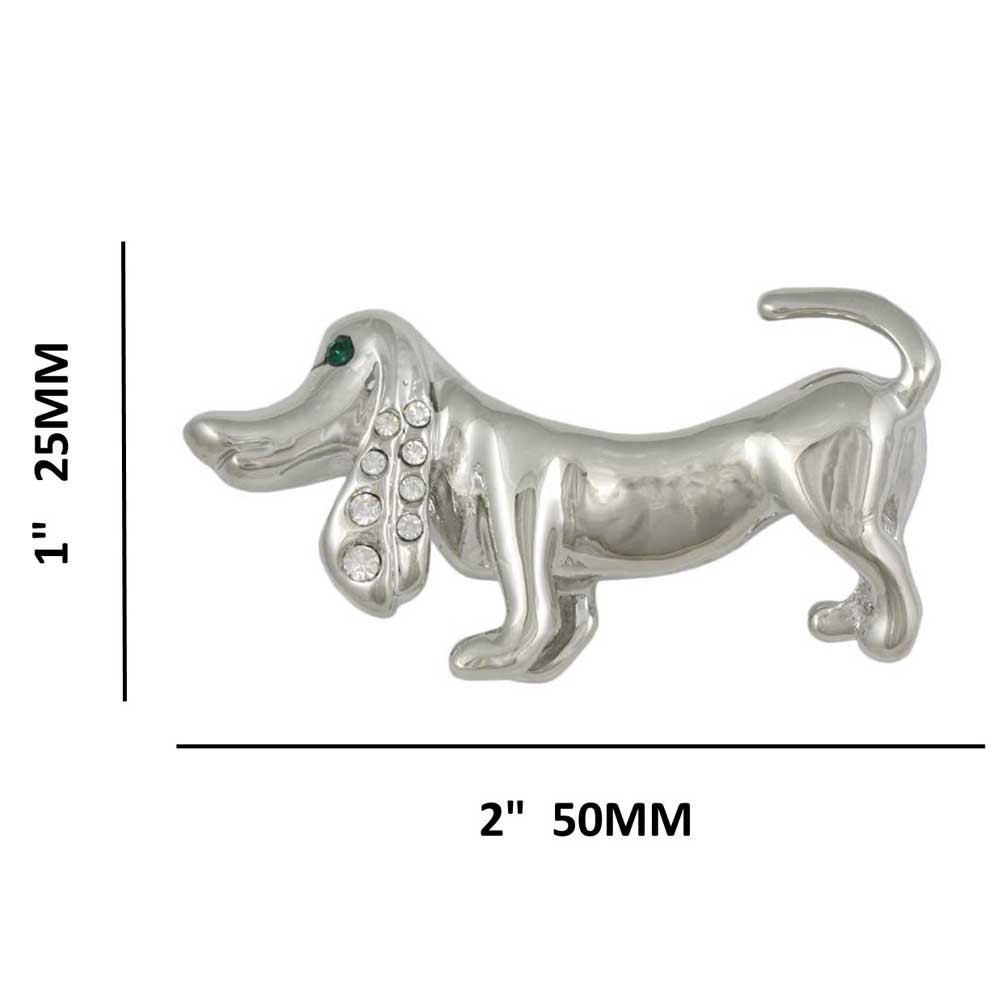 Silver Dachshund with Clear Crystal Ear Brooch Pin shown with measurements - Lilylin Designs