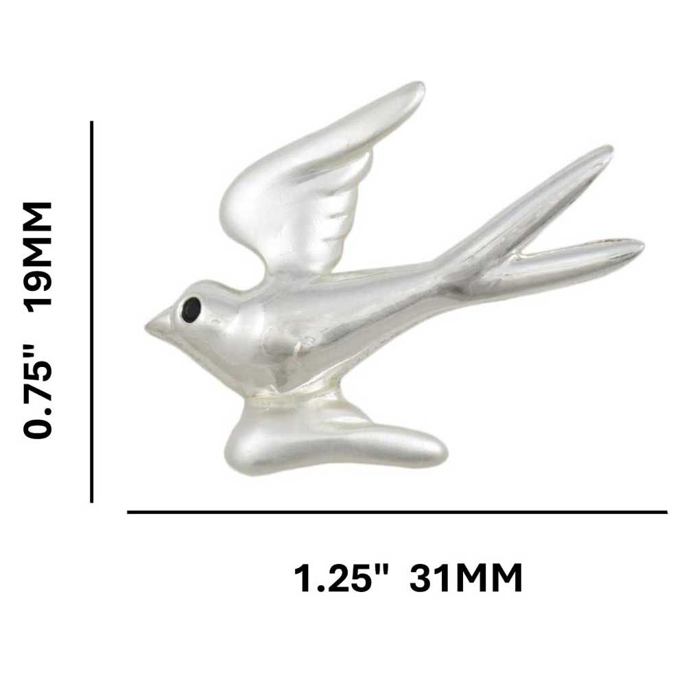 Silver dove with black crystal eye brooch pin shown with measurements - Lilylin Designs