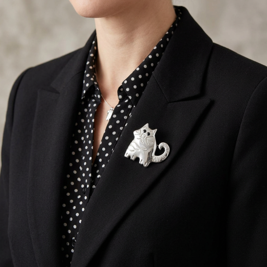 Silver Etched Fat Cat with Black Crystal Eyes Brooch Pin shown on model with black jacket - Lilylin Designs