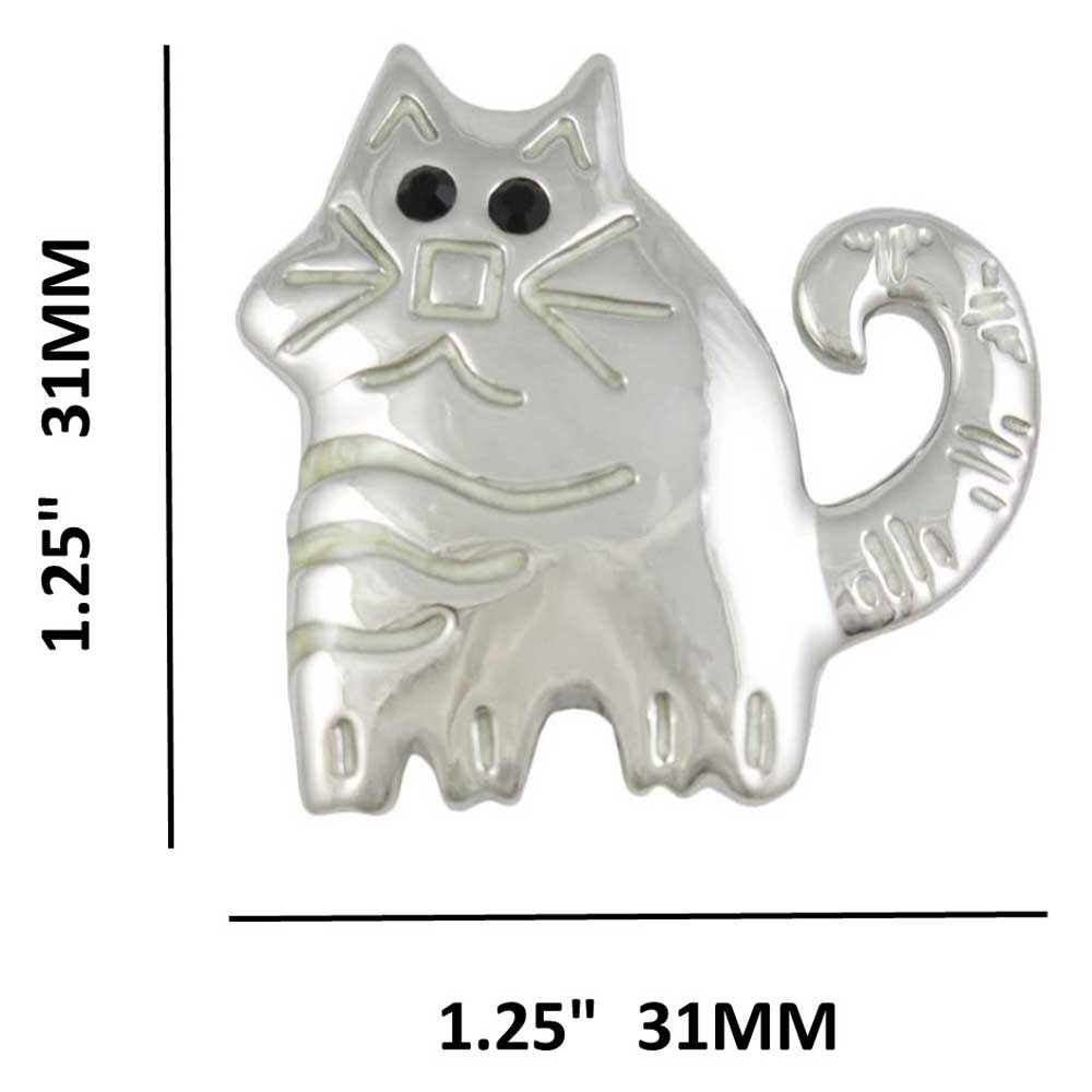 Silver Etched Fat Cat with Black Crystal Eyes Brooch Pin with measurements - Lilylin Designs