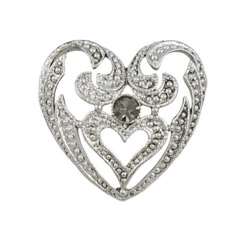 Antique Silver Heart with Gray Crystal Brooch Pin - Lilylin Designs