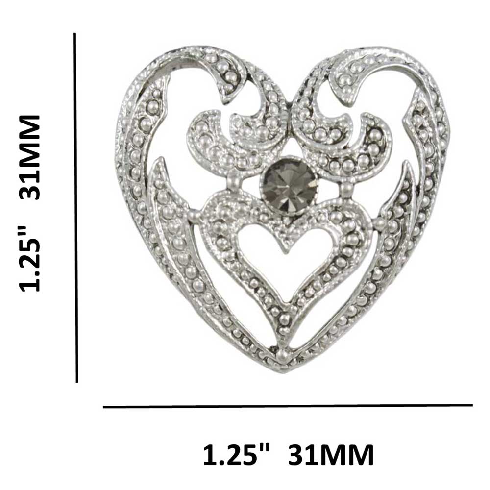 Antique Silver Heart with Gray Crystal Brooch Pin shown with measurements - Lilylin Designs