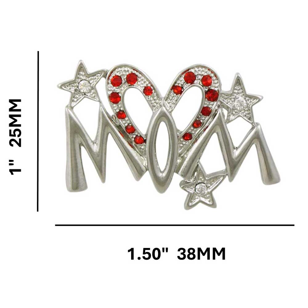 Silver with Red Crystals Elongated Heart MOM Brooch Pin shown with measurements - Lilylin Designs