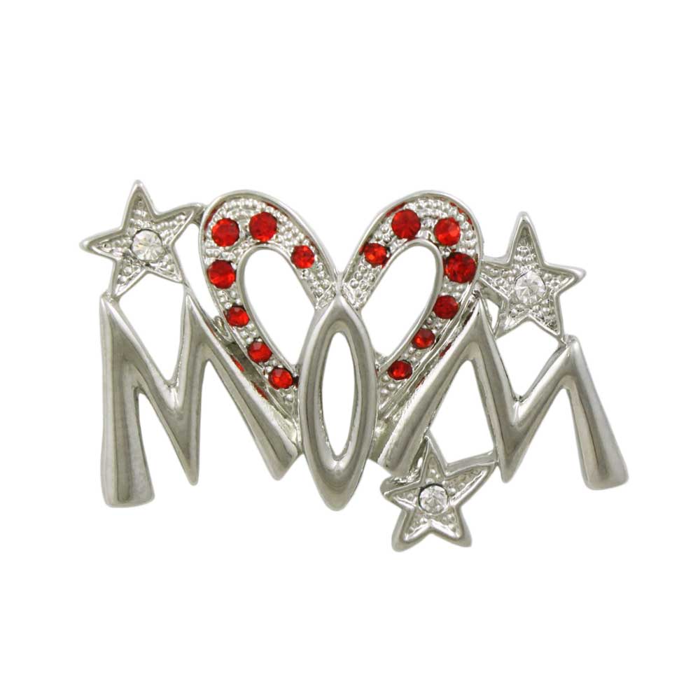 Silver with Red Crystals Elongated Heart MOM Brooch Pin - Lilylin Designs