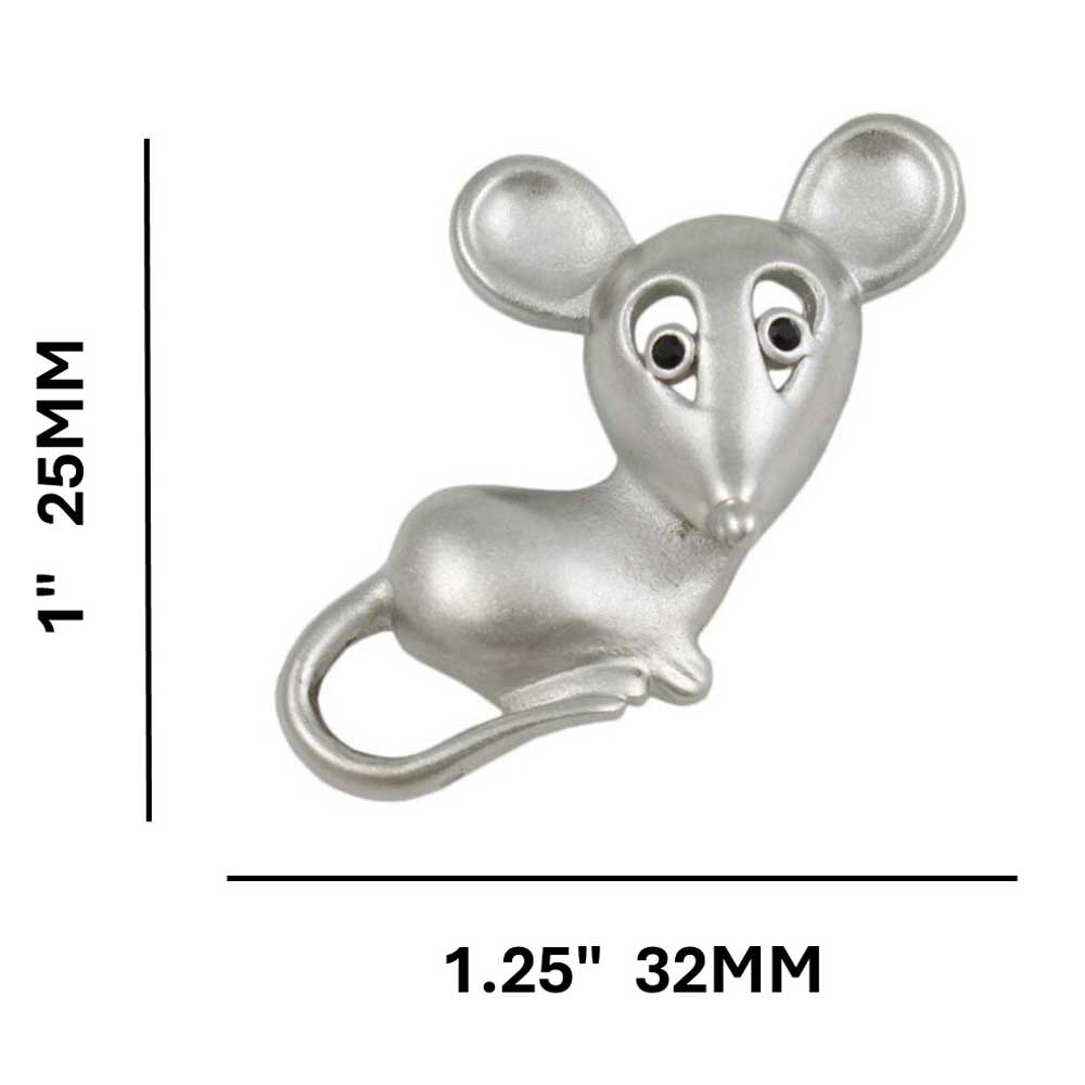 Matte silver mouse with black eyes brooch pin shown with measurements - Lilylin Designs