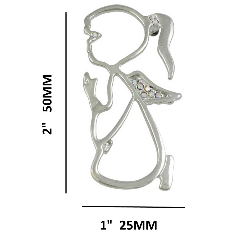 Praying Angel with Crystal Wings Brooch Pin in Silver with measurements - Lilylin Designs