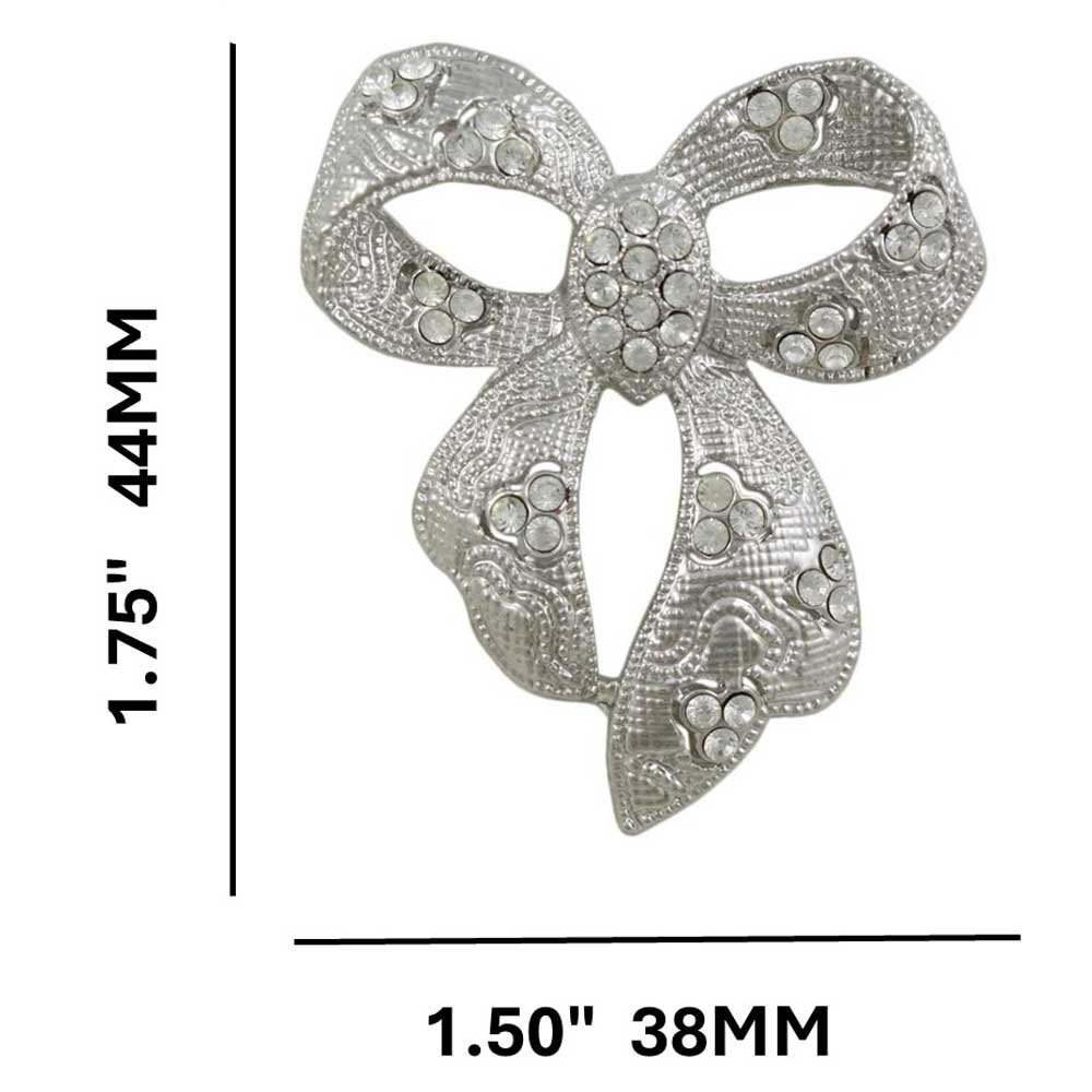 Textured Bow with Clear Crystals Brooch Pin shown with measurements - Lilylin Designs