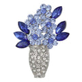 Silver Vase with Blue Crystal Daisies Flower Brooch Pin on white background - Lilylin Designs