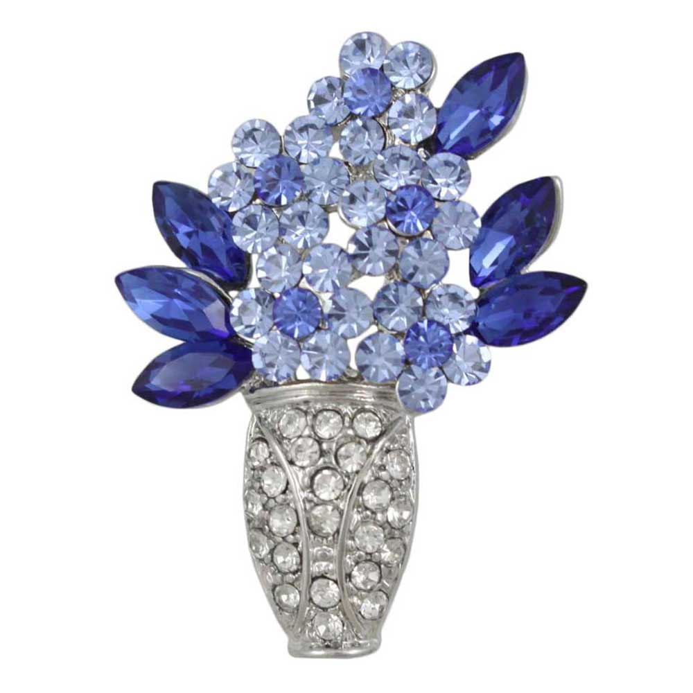Silver Vase with Blue Crystal Daisies Flower Brooch Pin on white background - Lilylin Designs