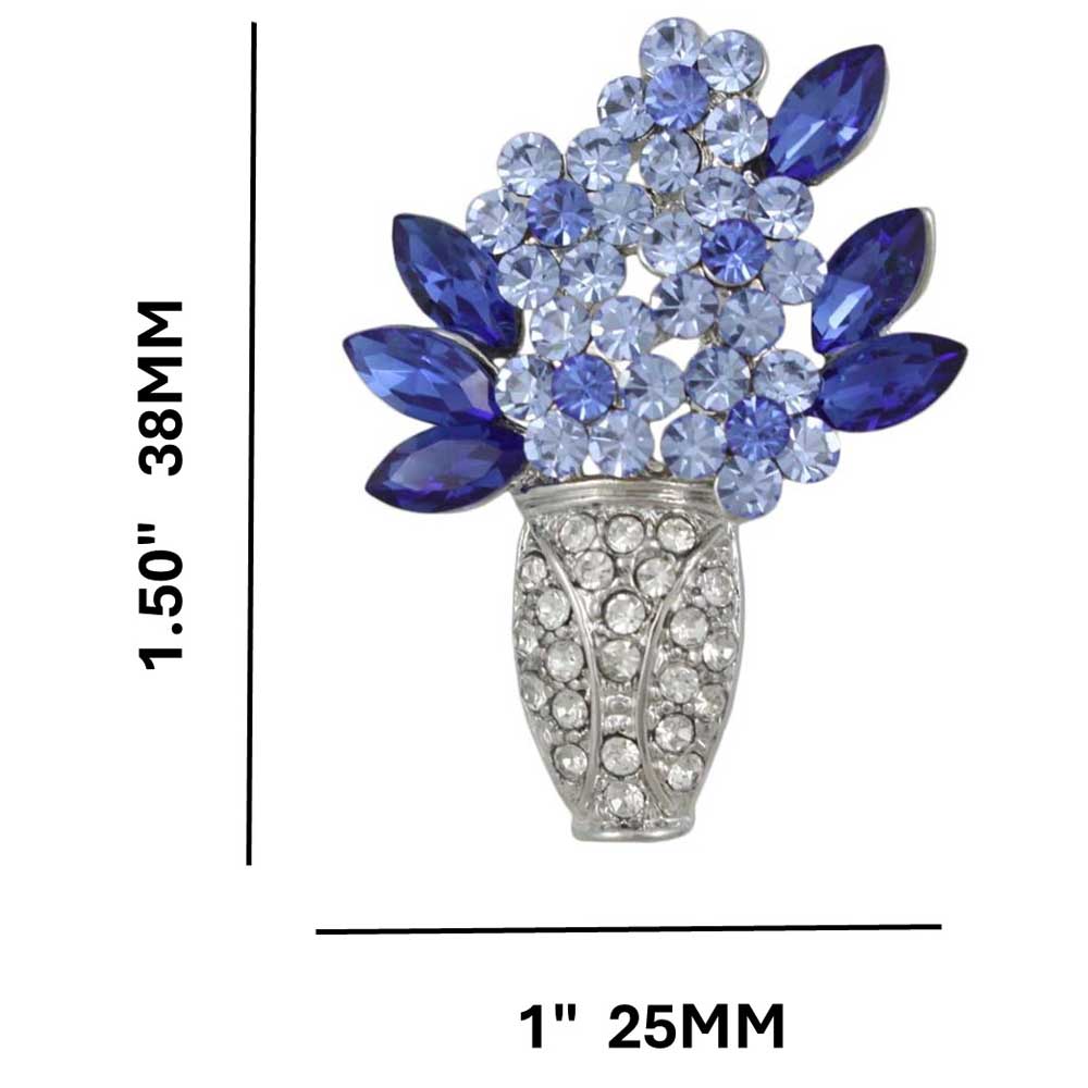Silver Vase with Blue Crystal Daisies Flower Brooch Pin with measurements - Lilylin Designs