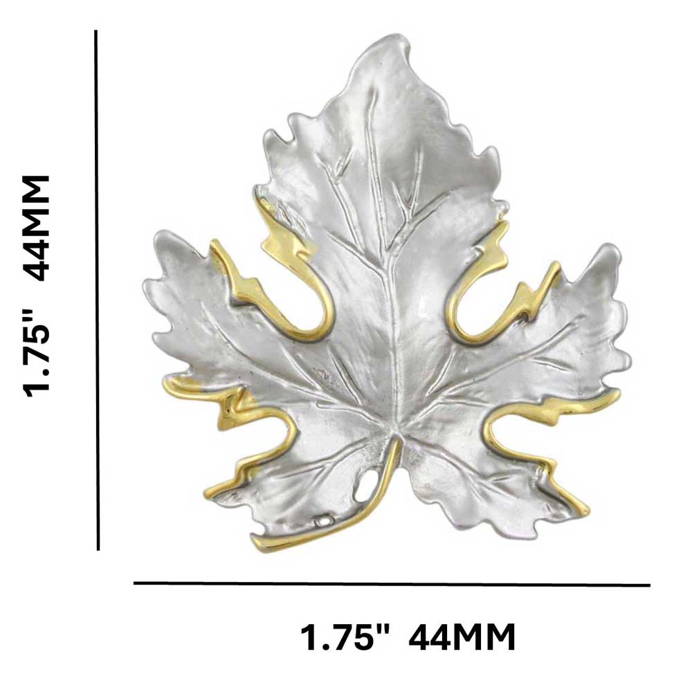 Silver Maple Leaf Edged with Gold Brooch Pin showing measurements - Lilylin Designs
