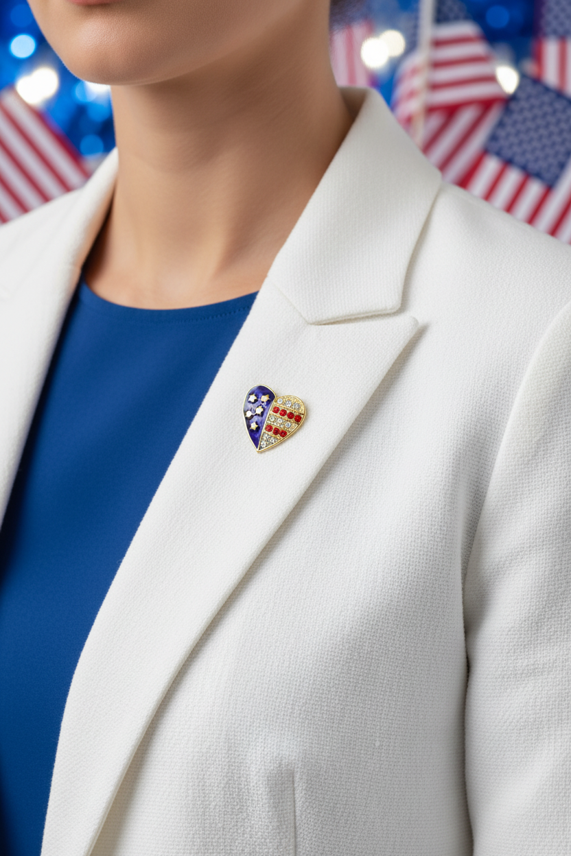 Model wearing single gold patriotic heart pin on a white jacket with a blue top - Lilylin Designs