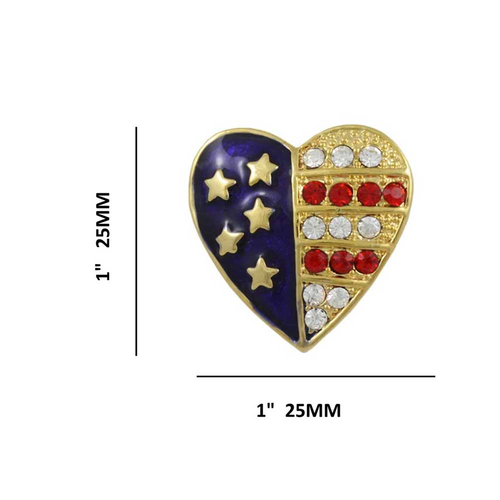 Small Gold Patriotic Crystal Heart Brooch Pin with measurements - Lilylin Designs