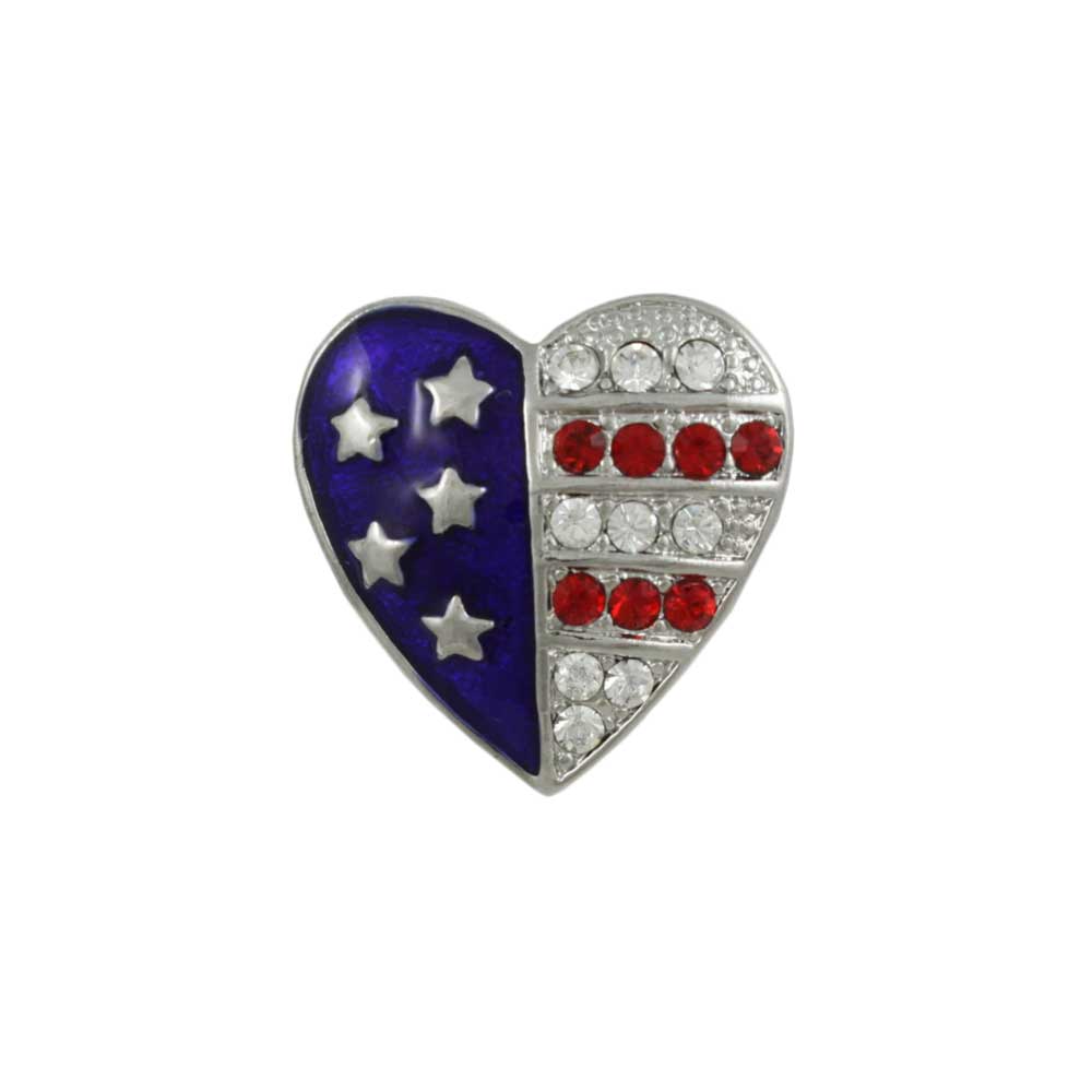 Small Silver Patriotic Crystal Heart Brooch Pin on white background - Lilylin Designs