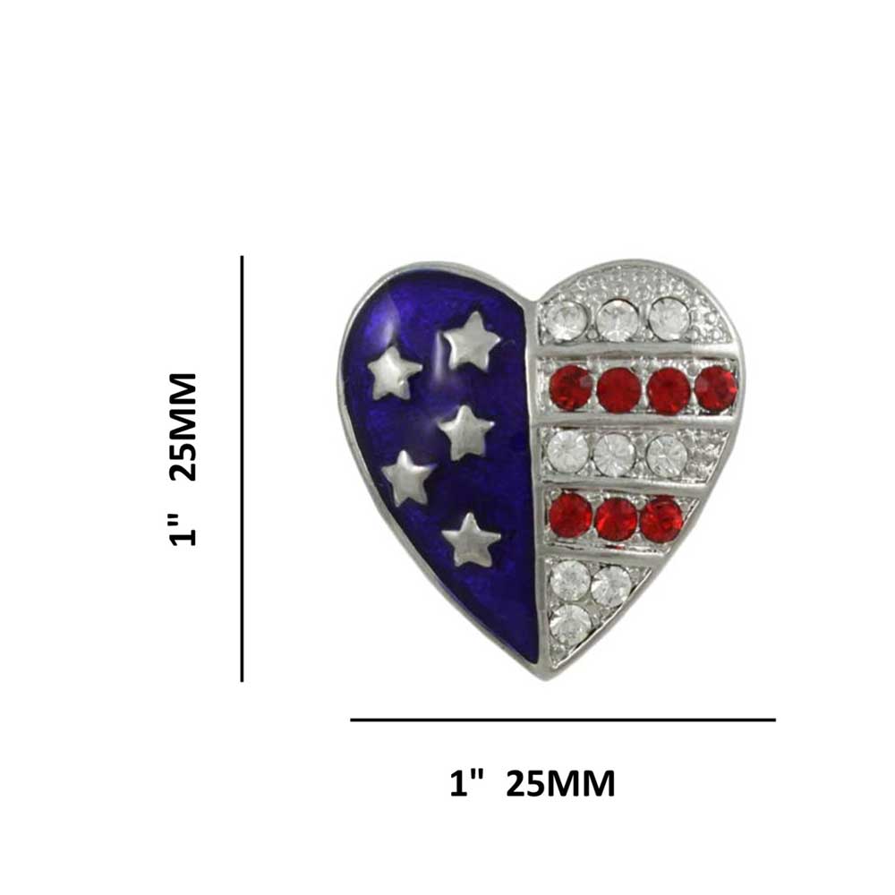 Small Silver Patriotic Crystal Heart Brooch Pin with measurements - Lilylin Designs