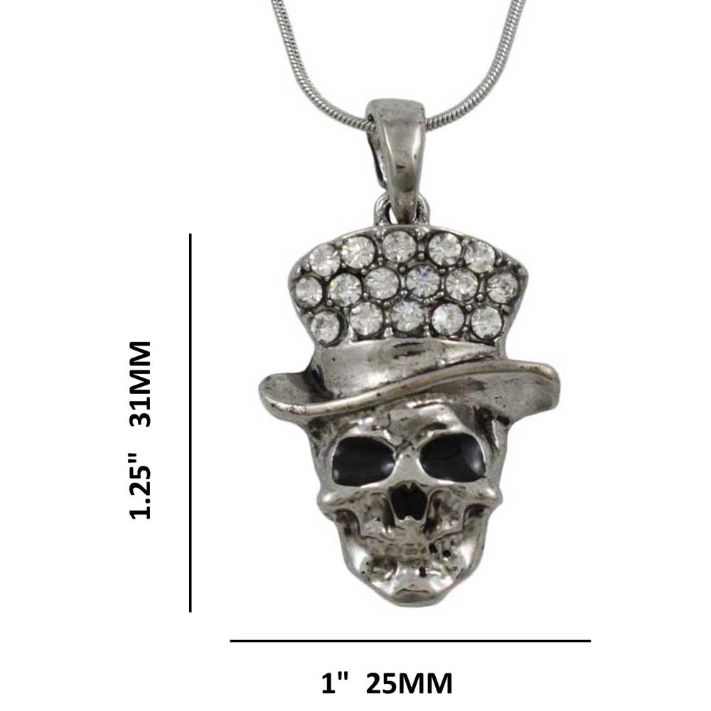 Antique Skull with Crystal Hat Pendant with Chain with measurements - Lilylin Designs