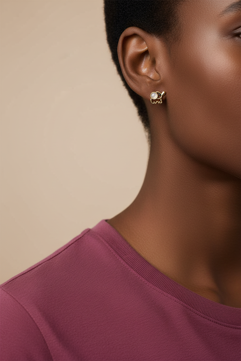 Model wearing small cat's eye elephant stud earring - Lilylin Designs