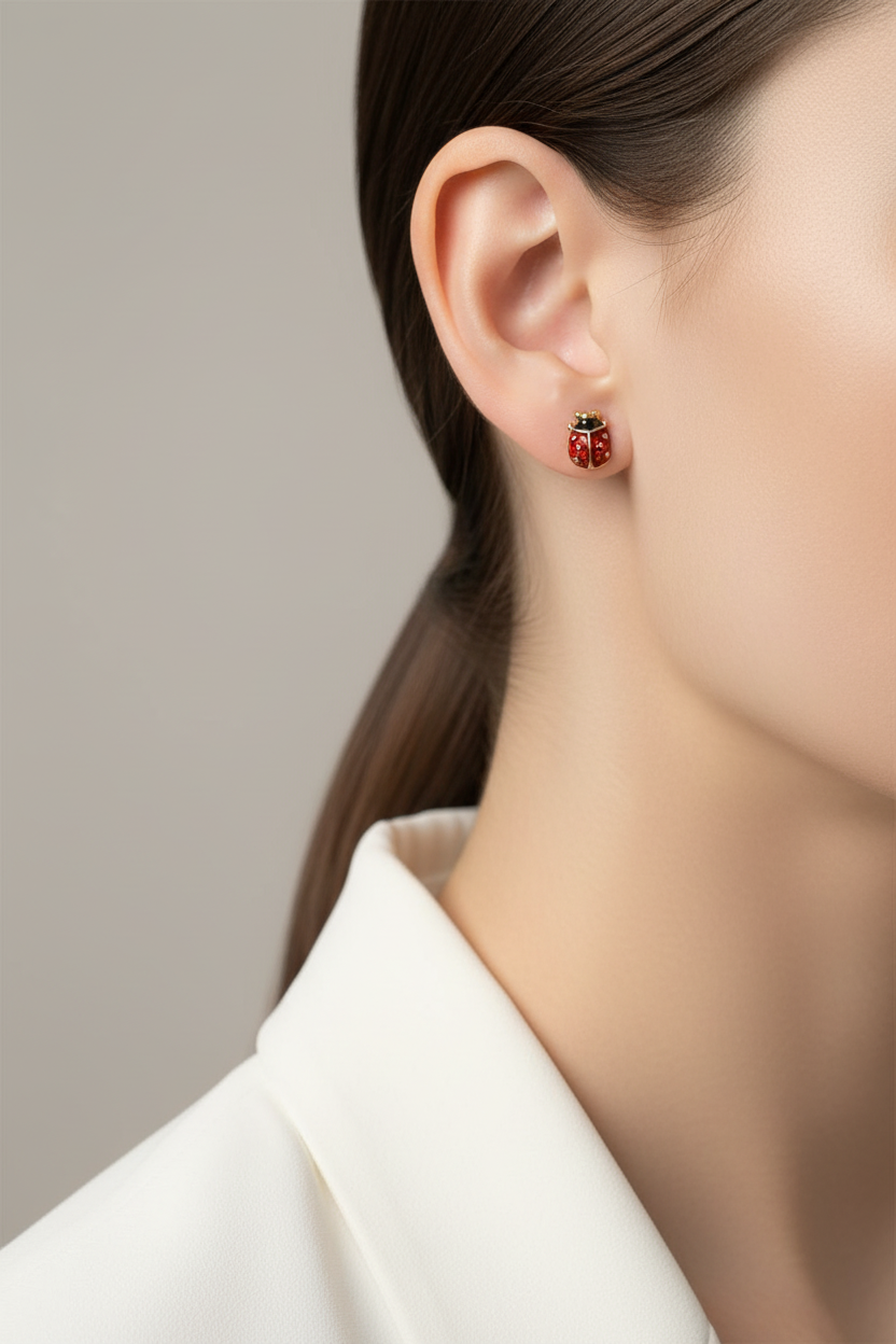 Model wearing red and black ladybug earring- Lilylin Designs