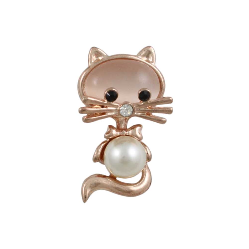 Rose Gold Pearl Belly and Pink Cats Eye Cat Brooch Pin - Lilylin Designs