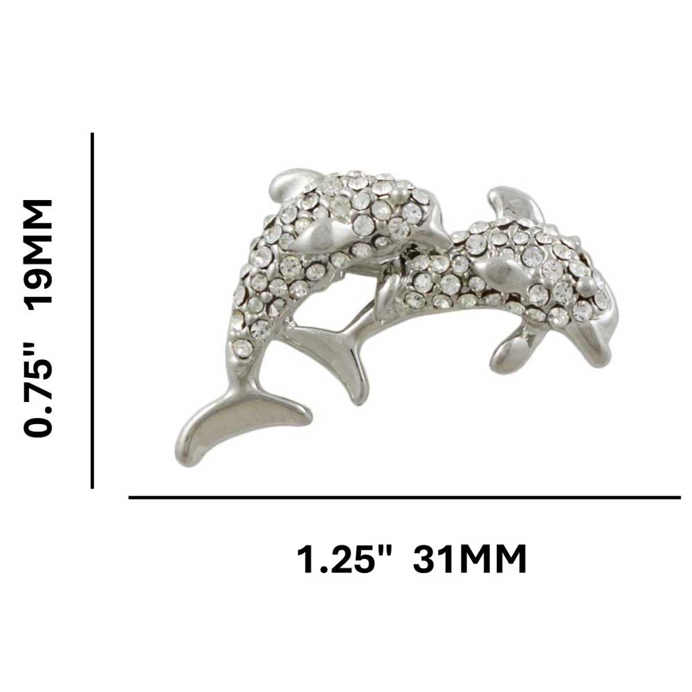 Small Pair of Crystal Jumping Dolphins Brooch Pin shown with measurements - Lilylin Designs