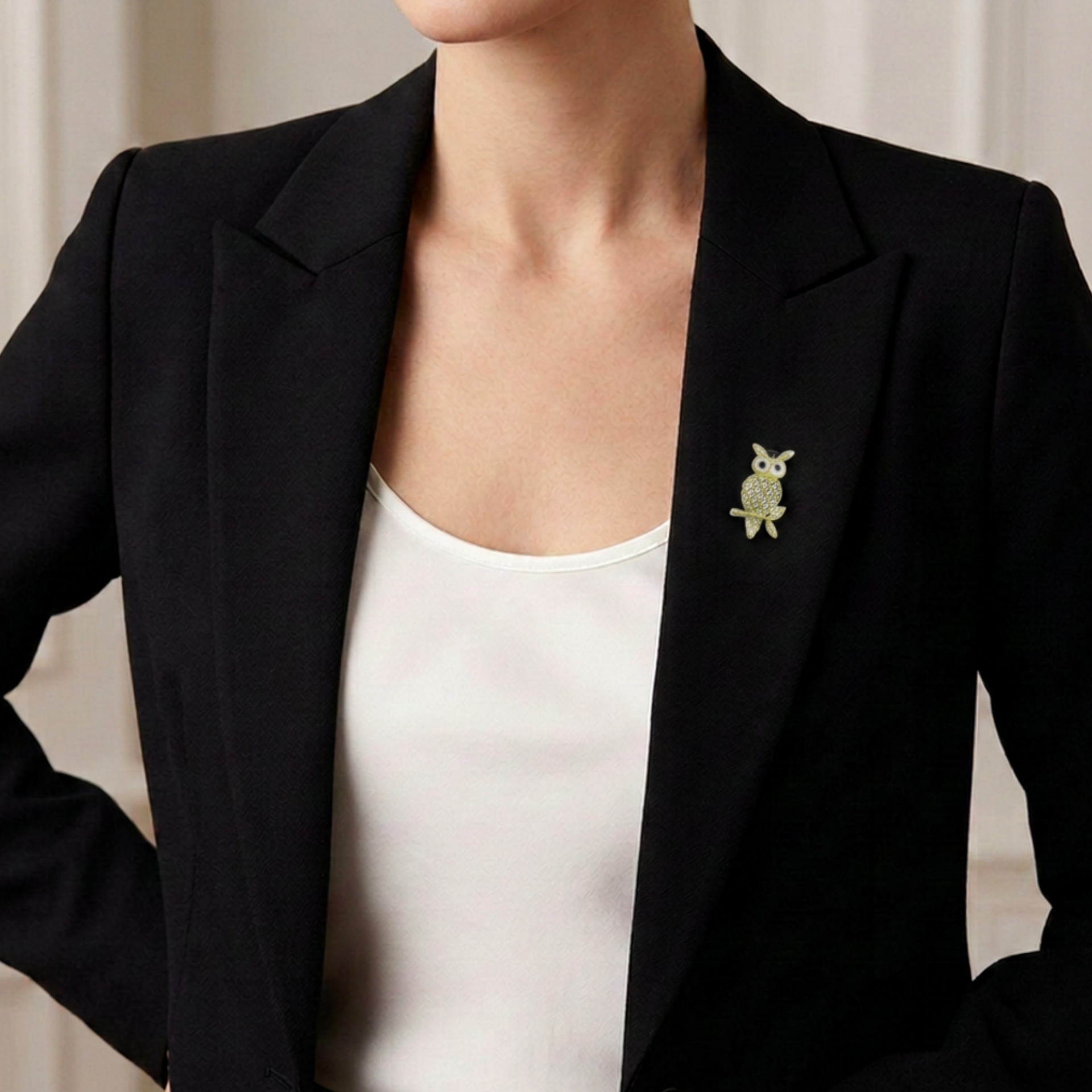 Small Black White Harlequin Crystal Owl Lapel Tac Pin on model - Lilylin Designs