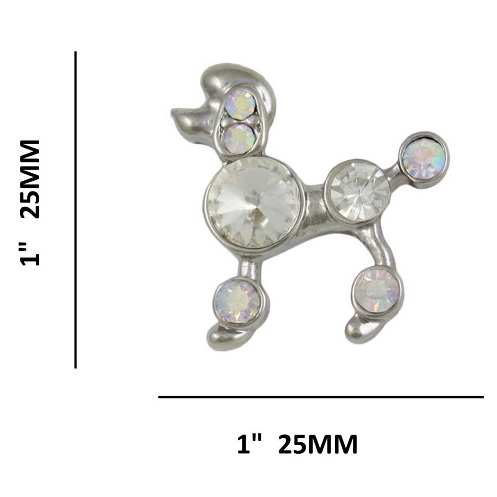 Small Silver Aurora Borealis Crystal Poodle Dog Brooch Pin shown with measurements - Lilylin Designs