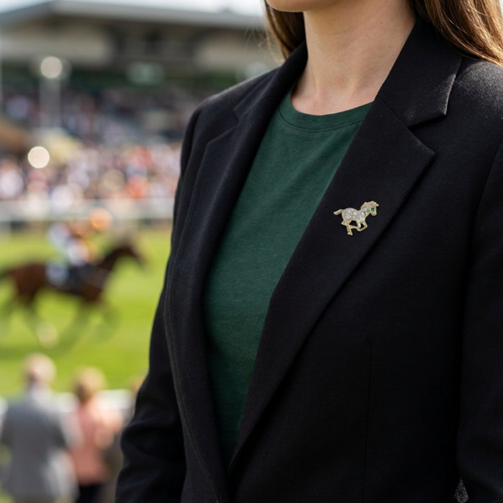 Model wearing Small Crystal Running Horse Lapel Tac Pin on a black jacket - Lilylin Designs
