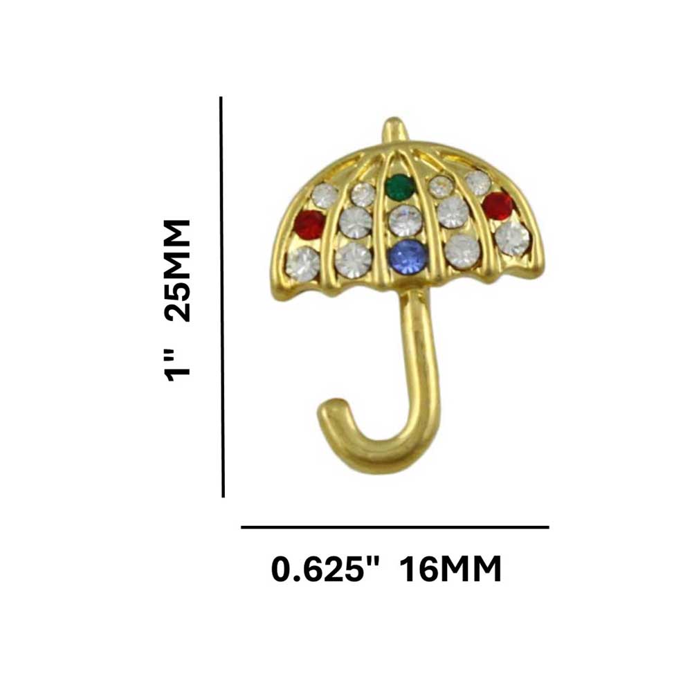 Small Colorful Crystal Umbrella Lapel Tac Pin with measurements - Lilylin Designs