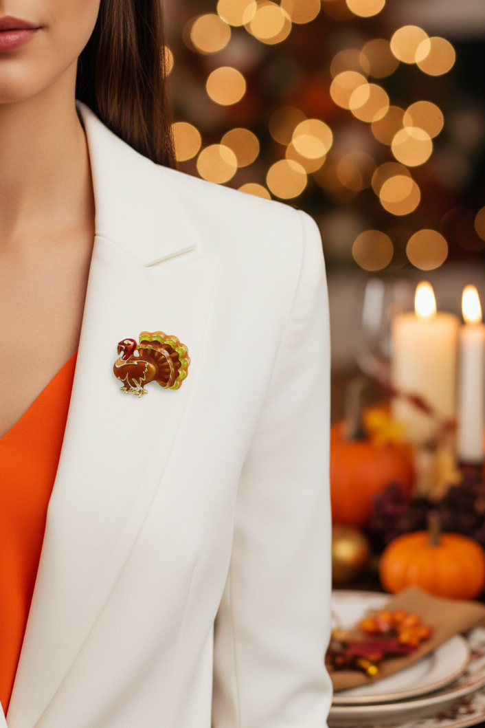 Model wearing enamel turkey lapel tac pin on a white jacket - Lilylin Designs