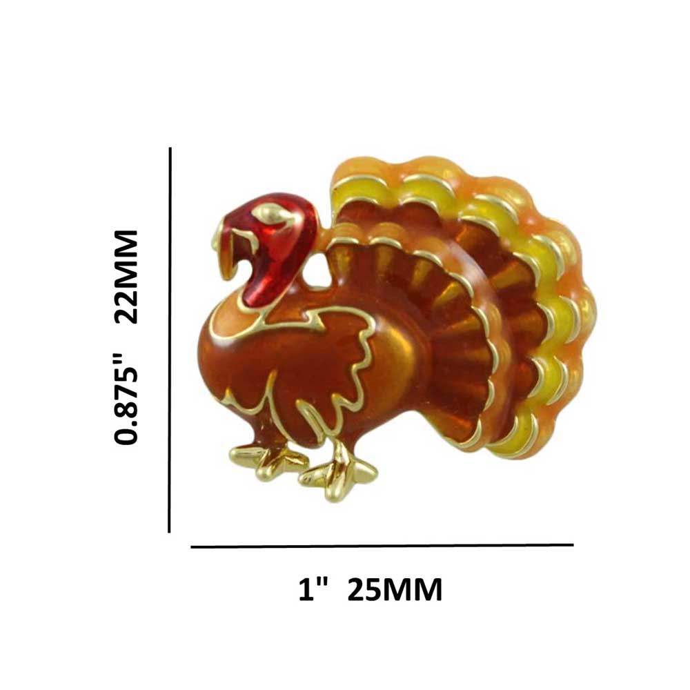 Small Turkey Lapel Pin Brown, Orange and Yellow Enamel shown with measurements - Lilylin Designs