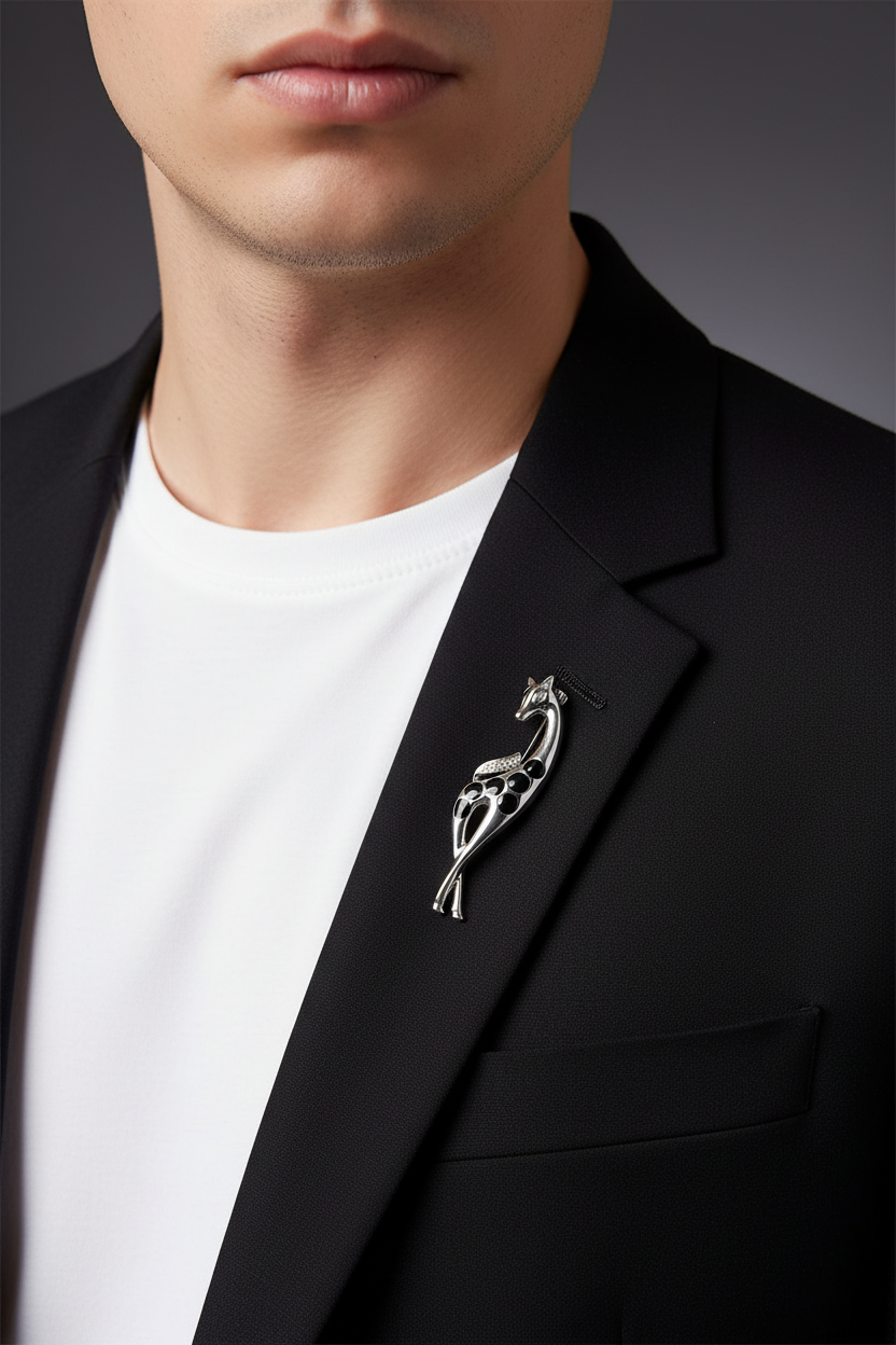 A close-up of a man wearing a black blazer over a white t-shirt, featuring a silver giraffe lapel pin on his left lapel - Lilylin Designs