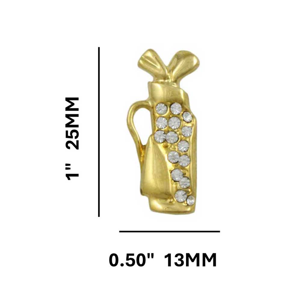 Small Gold Golf Bag and Clubs with Crystals Lapel Pin with measurements - Lilylin Designs