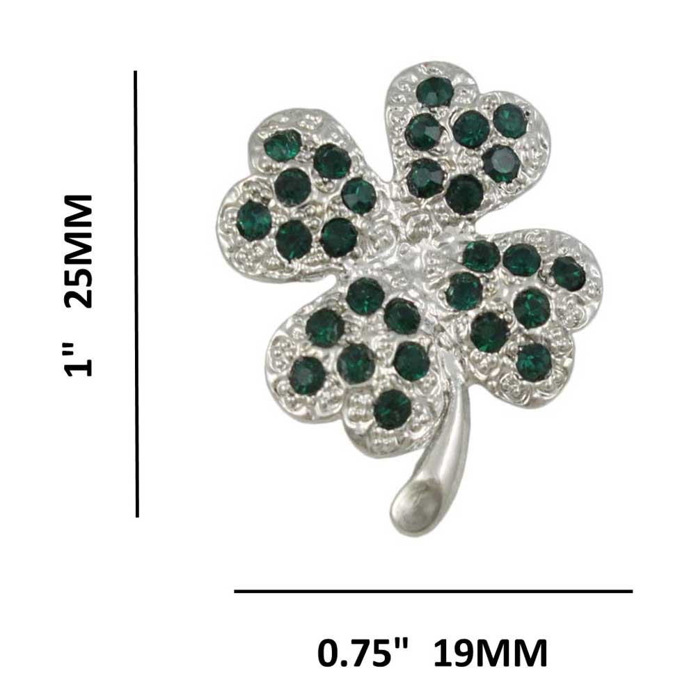 Small Dark Green Crystal Lucky 4 Leaf Clover Brooch Pin with measurements - Lilylin Designs
