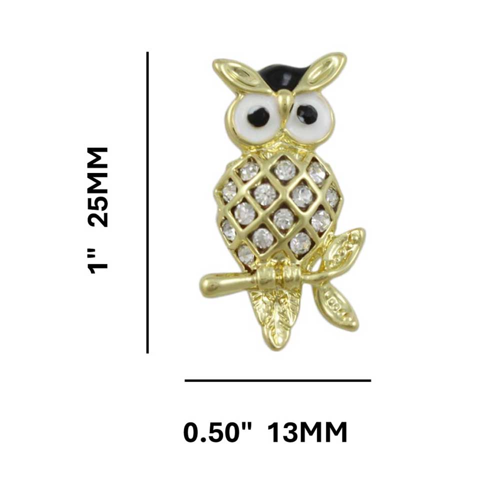 Small Black White Harlequin Crystal Owl Lapel Tac Pin shown with measurements - Lilylin Designs