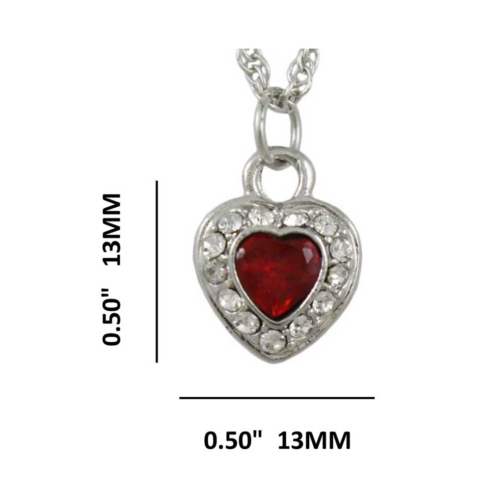 Red Crystal Heart Pendant on Silver Chain shown with measurements - Lilylin Designs