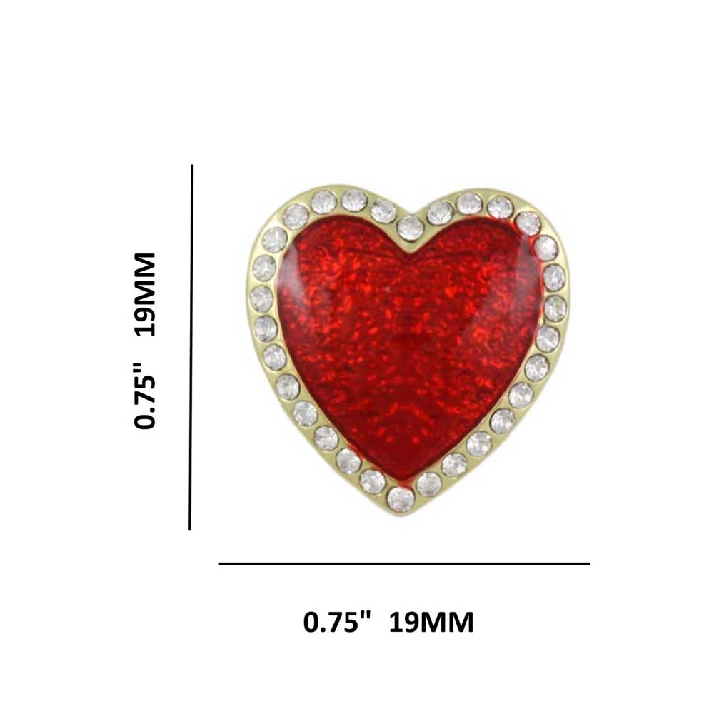 Small Red Enamel and Crystal Heart Lapel Tac Pin shown with measurements - Lilylin Designs