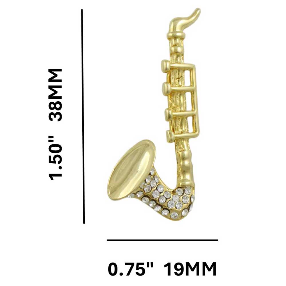 Small Gold and Crystal Saxophone Music Brooch Pin with measurements - Lilylin Designs