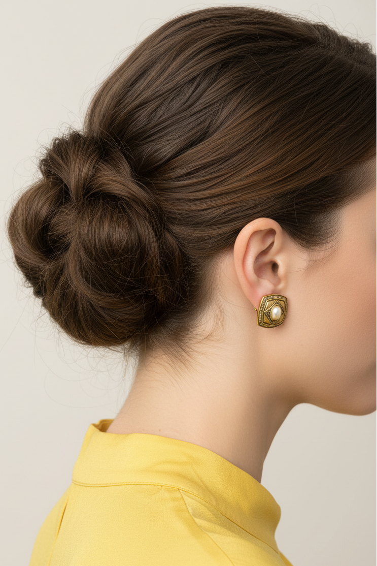 Model wearing square gold-tone earring with pearl - Lilylin Designs