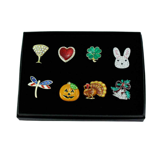 8 Assorted Small Unisex Holiday Lapel Pins Boxed Set shown in black gift box - Lilylin Designs