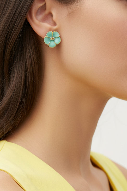 Model wearing teal flower stud earring - Lilylin Designs