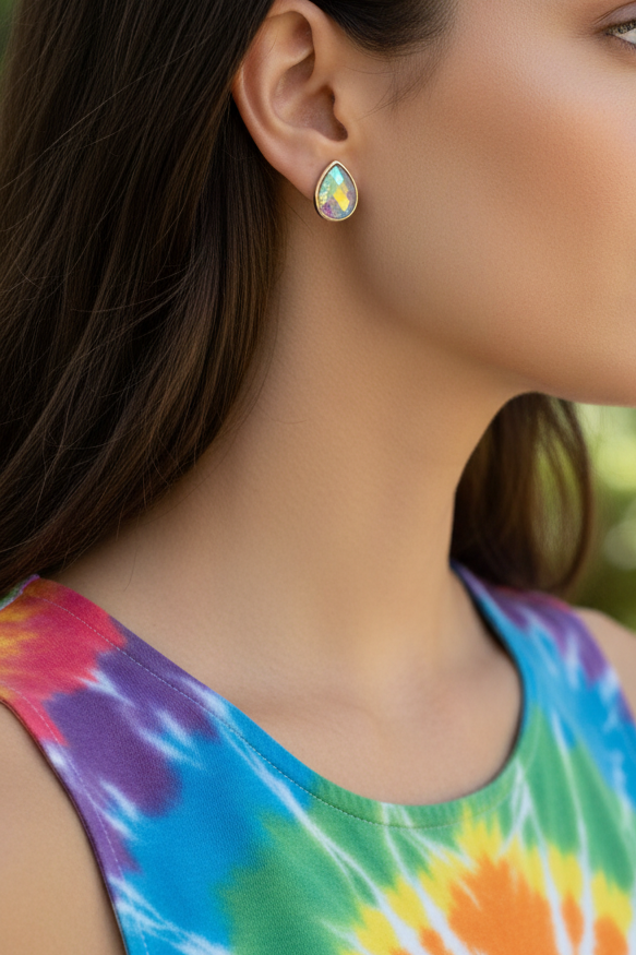 Model wearing faceted iridescent tear drop stud earring - Lilylin Designs