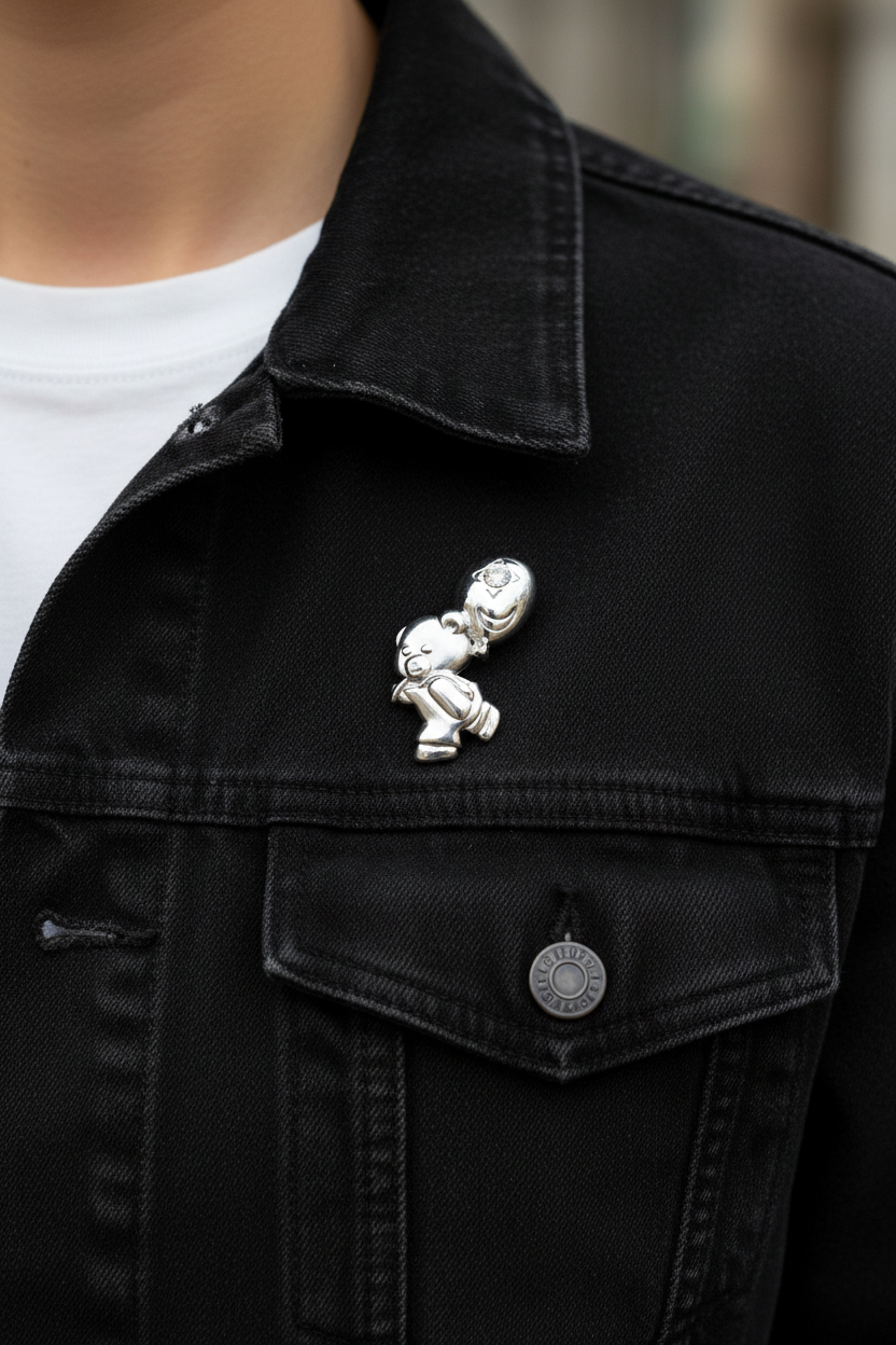 Model wearing silver teddy bear with balloon lapel pin - Lilylin Designs