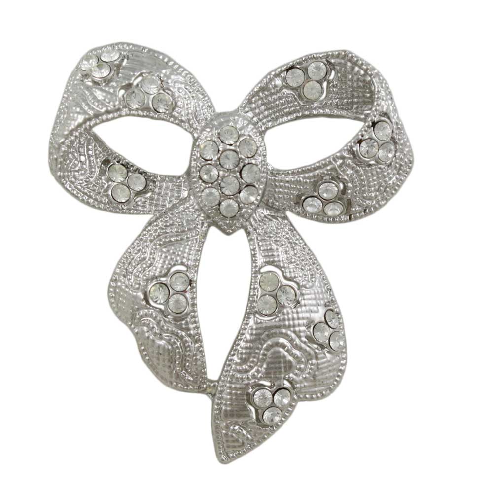 Textured Bow with Clear Crystals Brooch Pin - Lilylin Designs