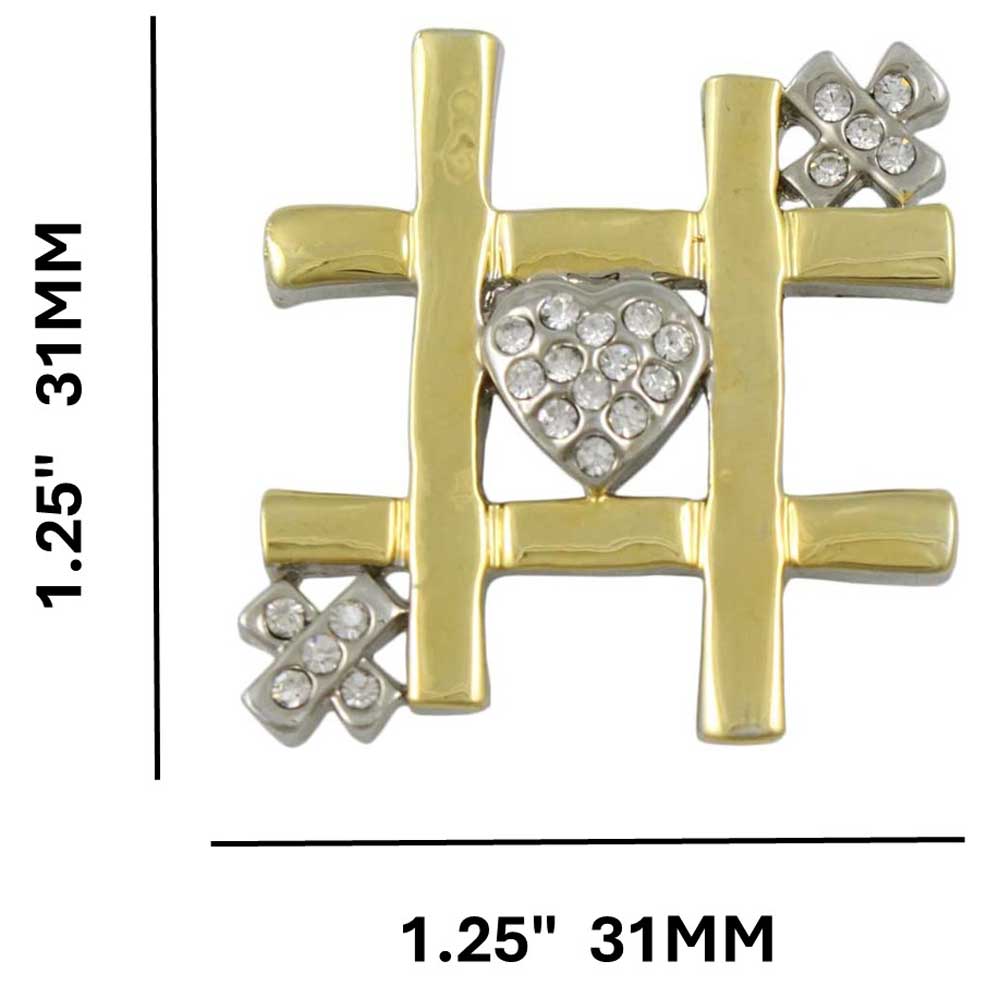 Gold and Silver Tic Tac Toe Heart and Xs Brooch Pin shown with measurements - Lilylin Designs