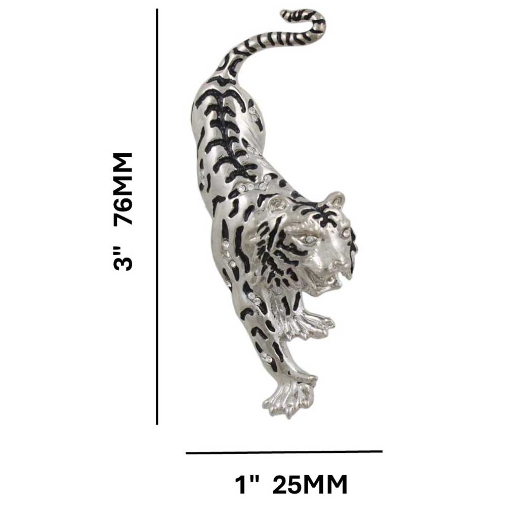 Silver with Black Stripes Tiger on the Prowl Brooch Pin with measurements - Lilylin Designs