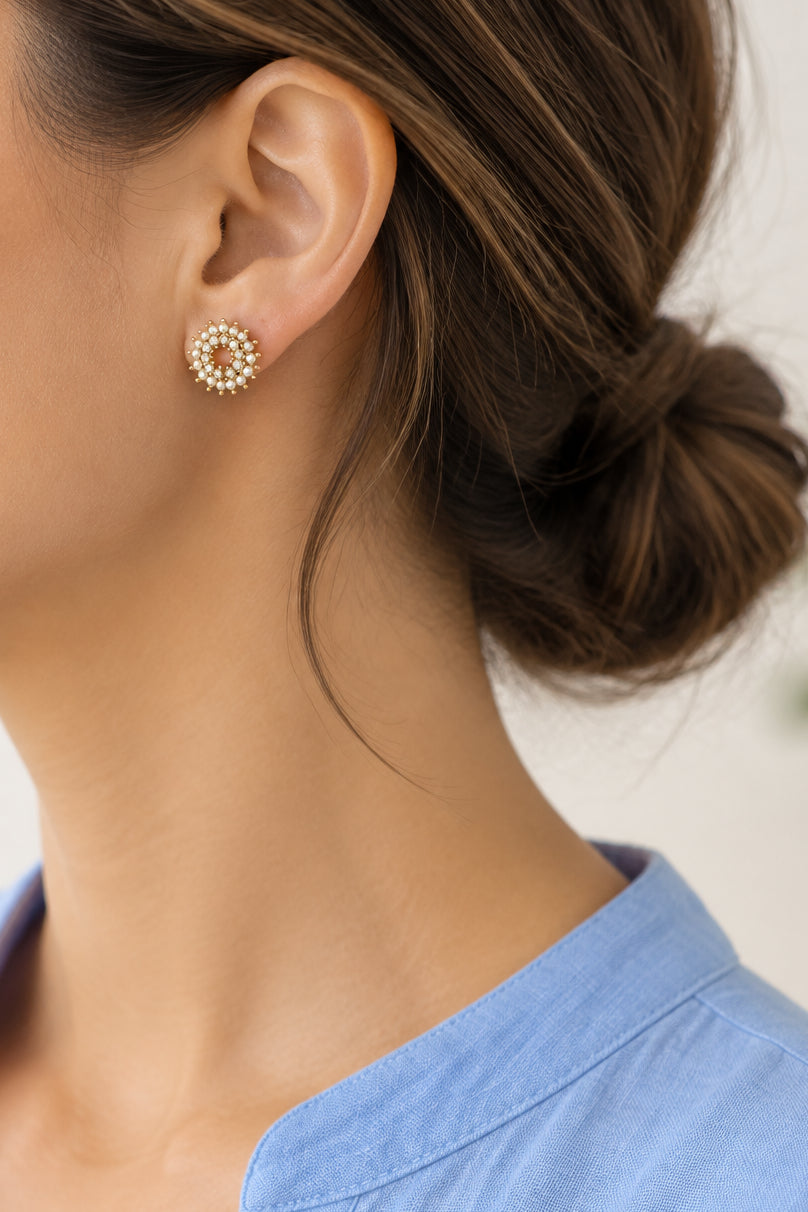 Model wearing white seed pearls with clear crystals pierced earring - Lilylin Designs