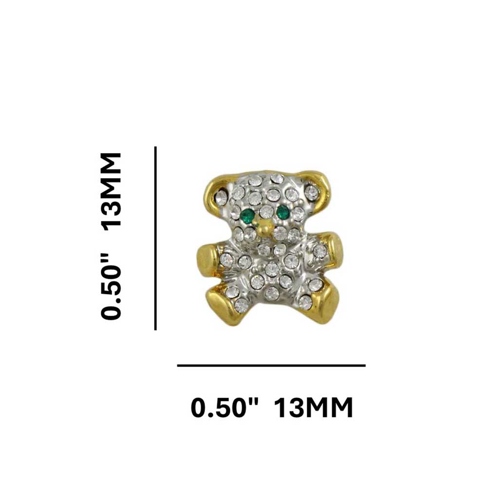 Tiny Gold and Silver Crystal Teddy Bear Lapel Tac Pin with measurements - Lilylin Designs