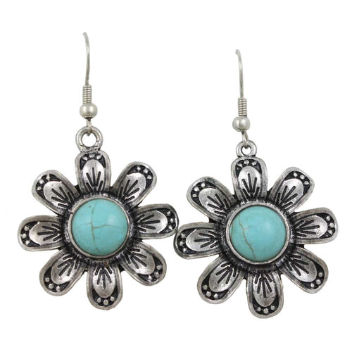 Antique Silver Turquoise Flower Dangling Pierced Earring - Lilylin Designs