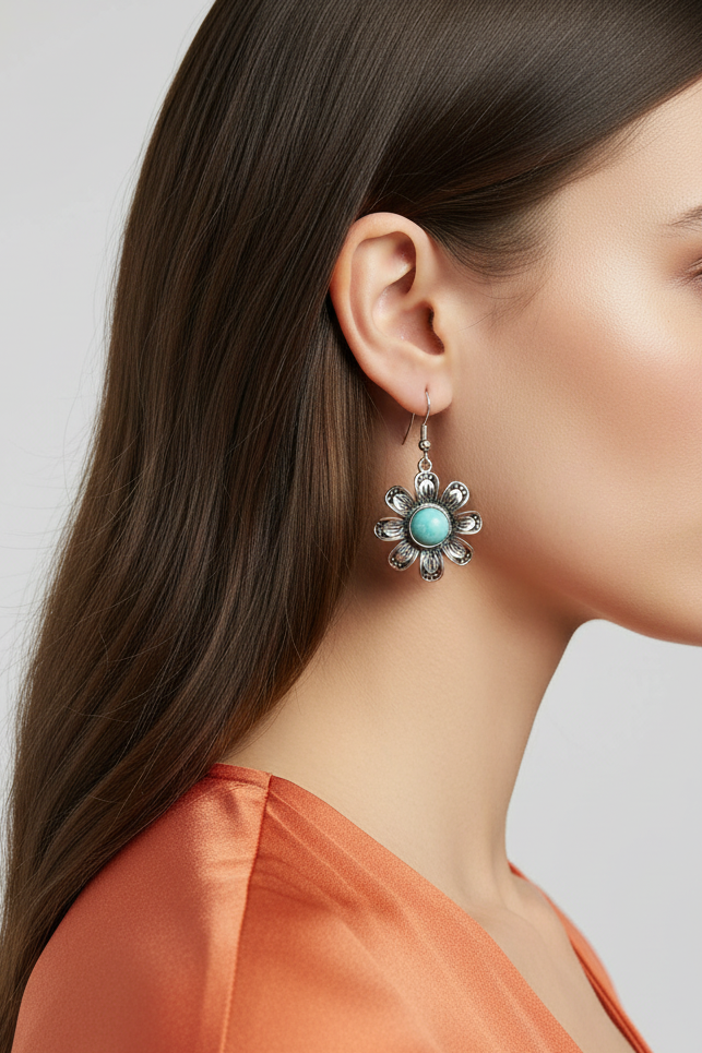 Mode wearing turquoise blue flower dangle earring - Lilylin Designs